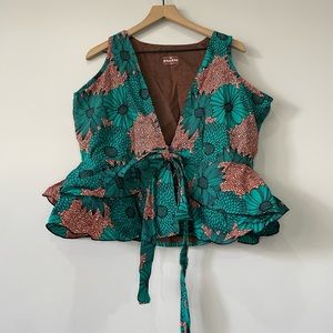 Nallem African ethnic floral peplum deep V neck tie front top size 18